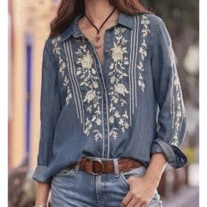 Driftwood Auger Falls Floral Embroidered Chambray Button Up Women's Shirt Size M